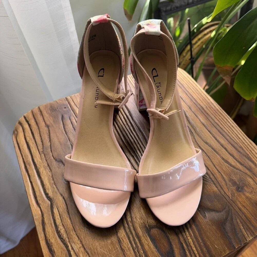 CL by Laundry Block Heel Sandals Floral Ankle Strap Heels Pink Wedding Brunch7.5